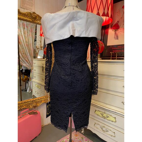 vintage 1980s Tadashi black lace cocktail dress off the shoulders organza s/m - Picture 8 of 9